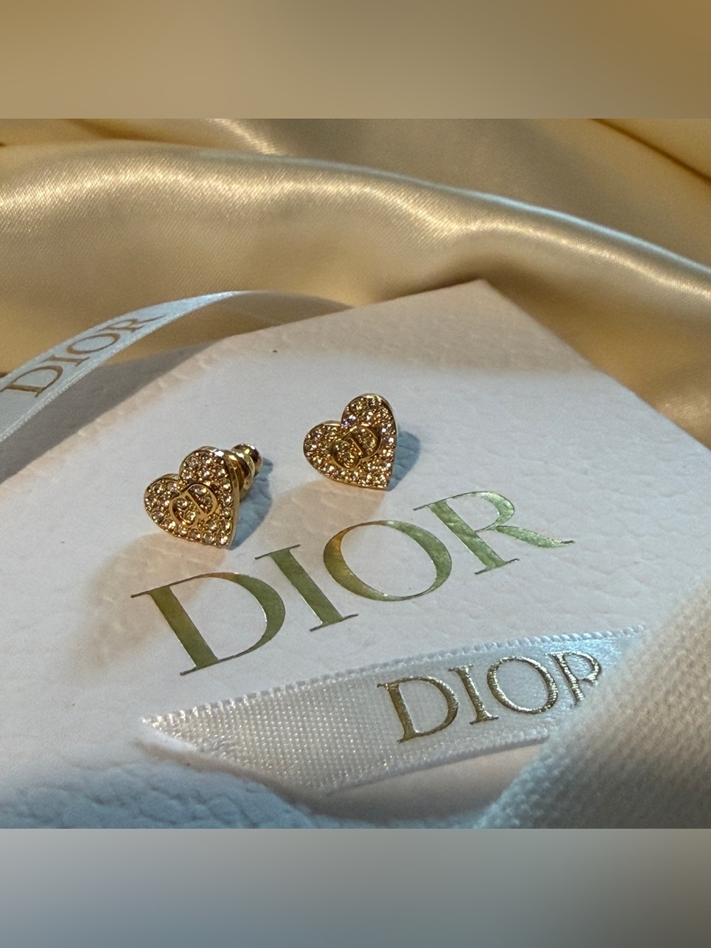 DIOR Clair De Lune Heart Logo Crystal Gold Studs. NWOT.